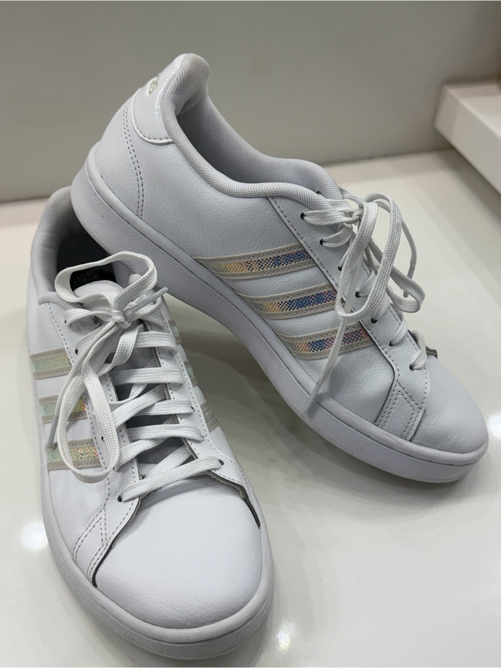 adidas White Low-Top Sneakers with Iridescent Three Stripes